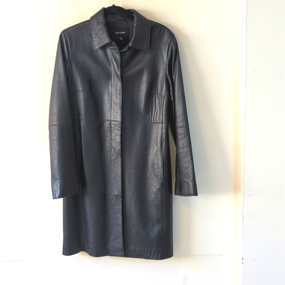 Express Vintage Genuine Leather Black Trench Jacket 13/14